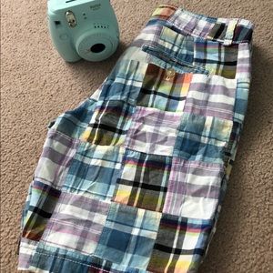 colorful plaid board shorts